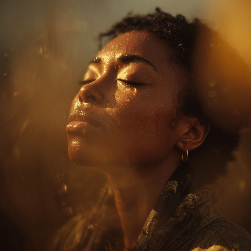 Woman with face lifted to the sky trusting God when He seems silent and nothing is moving